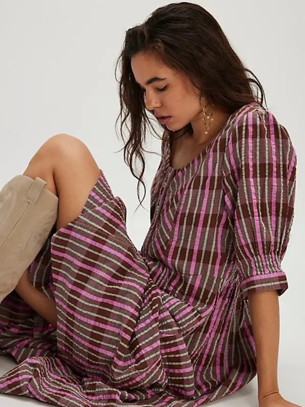 Free People Tulie Pink and Brown Plaid Midi Dress with Puff Sleeves Size LG NWT - Picture 9 of 9